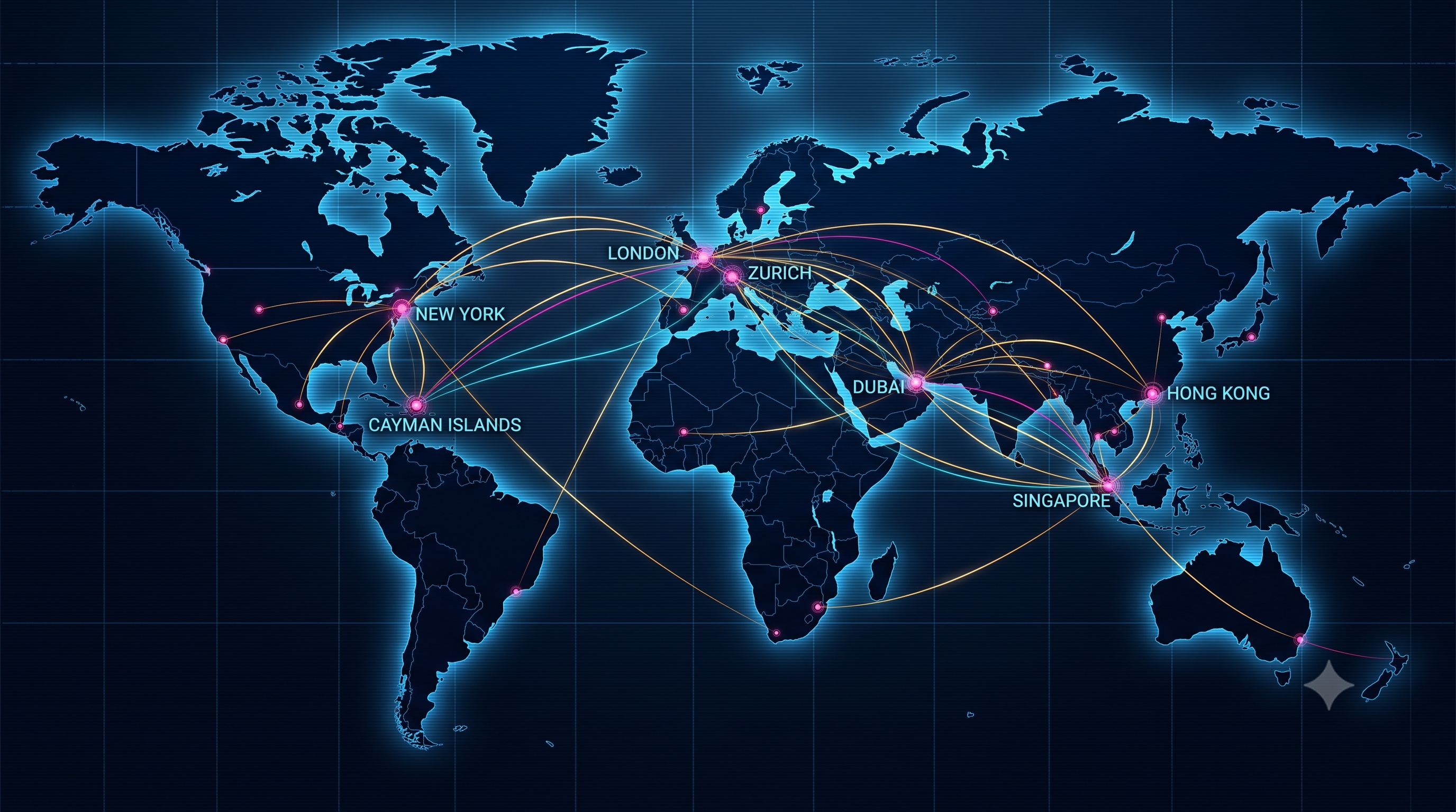 Illustrative concept graphic of financial flows between major offshore and banking hubs